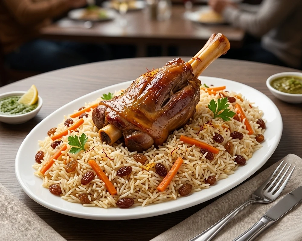 Kabuli Pulao with Lamb Shank - Afghan rice specialty at Shinwari Karahi Calgary